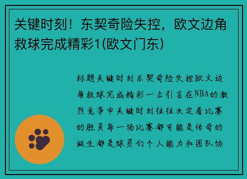 关键时刻！东契奇险失控，欧文边角救球完成精彩1(欧文门东)