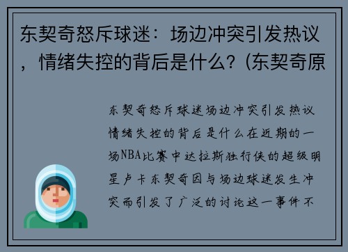 东契奇怒斥球迷：场边冲突引发热议，情绪失控的背后是什么？(东契奇原来是踢球的吗)